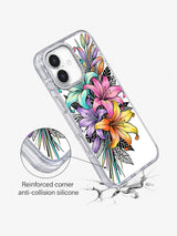 Neon Lily Dream Garden iPhone 17 case angled view