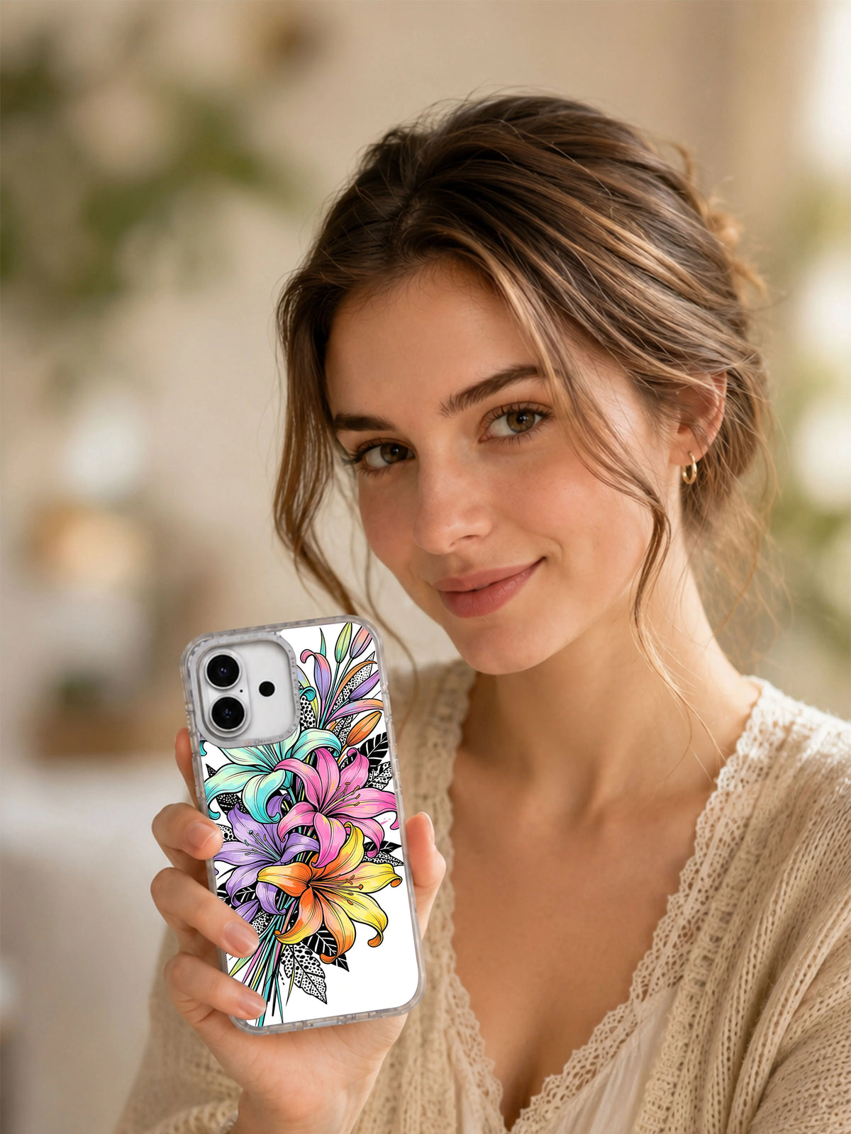Neon Lily Dream Garden iPhone 17 case lifestyle image