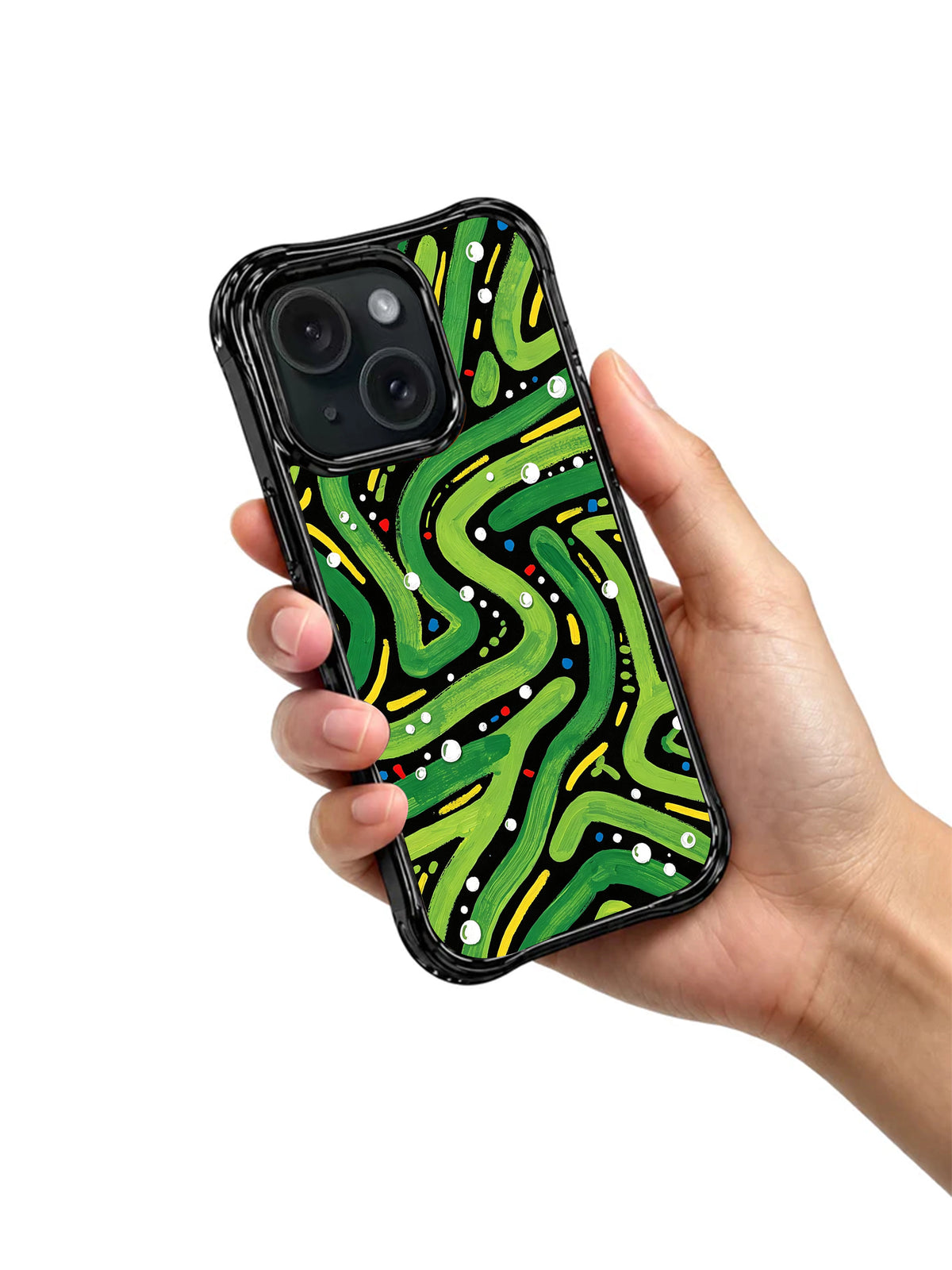 Bright green art iPhone 15 Pro case held in hand
