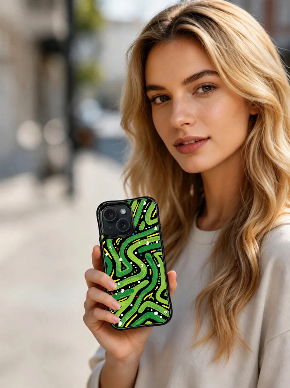 Neon Meadow artist-designed iPhone 15 Pro case lifestyle image