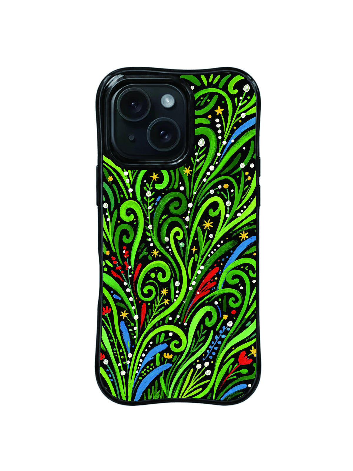 Midnight Wildflowers hand-painted green pattern iPhone 15 Pro case