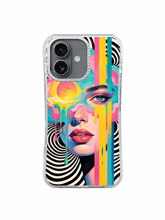 Neon Muse pop art portrait iPhone 17 case front view