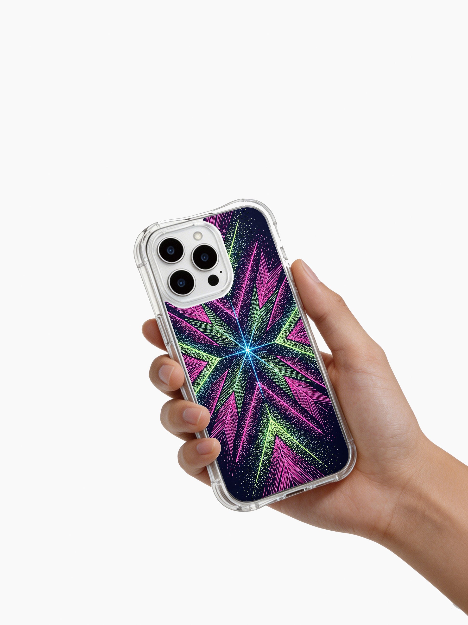 PhoneCasing iPhone 14 Pro Max Case with a neon snowflake-inspired geometric design, durable clear protective cover for a bold aesthetic.