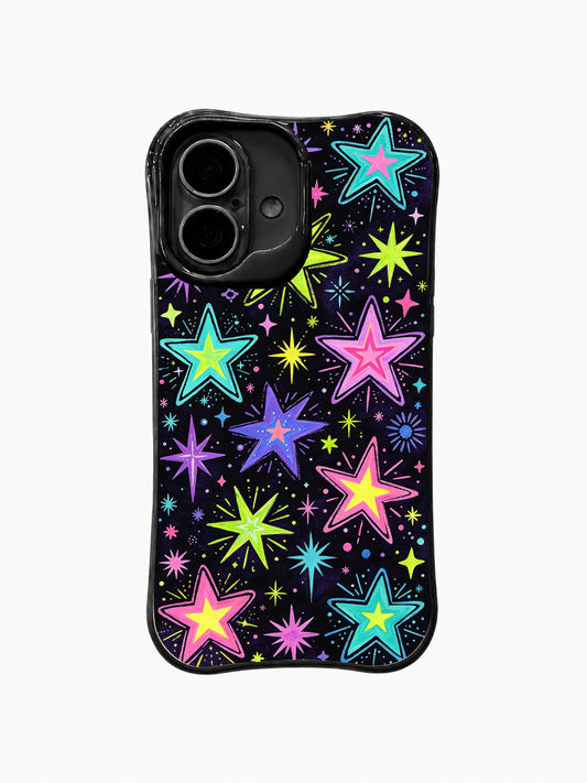 Neon Star Echo: Bright outlined stars in cyan, pink, green, yellow and purple scatter across a black field with sparks.