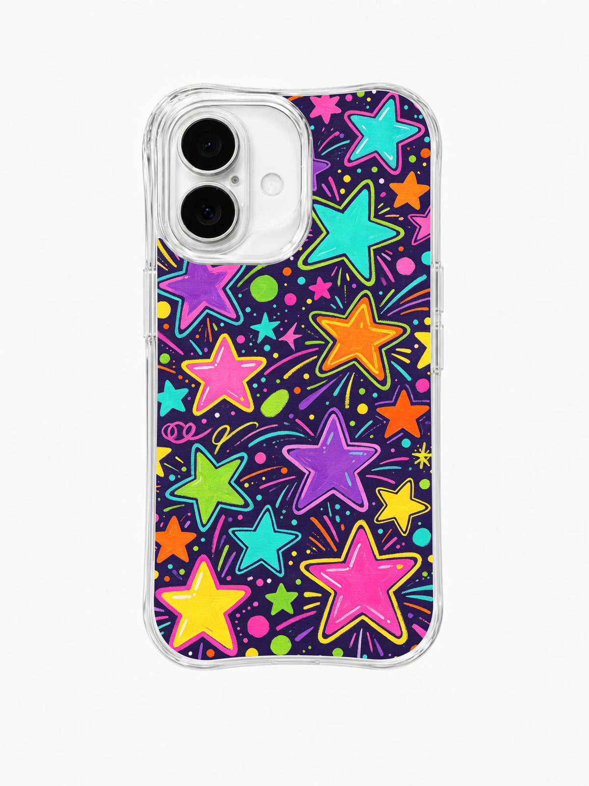 Midnight Neon Star Field: Large green, purple, orange and pink stars repeat with tiny cosmic marks.