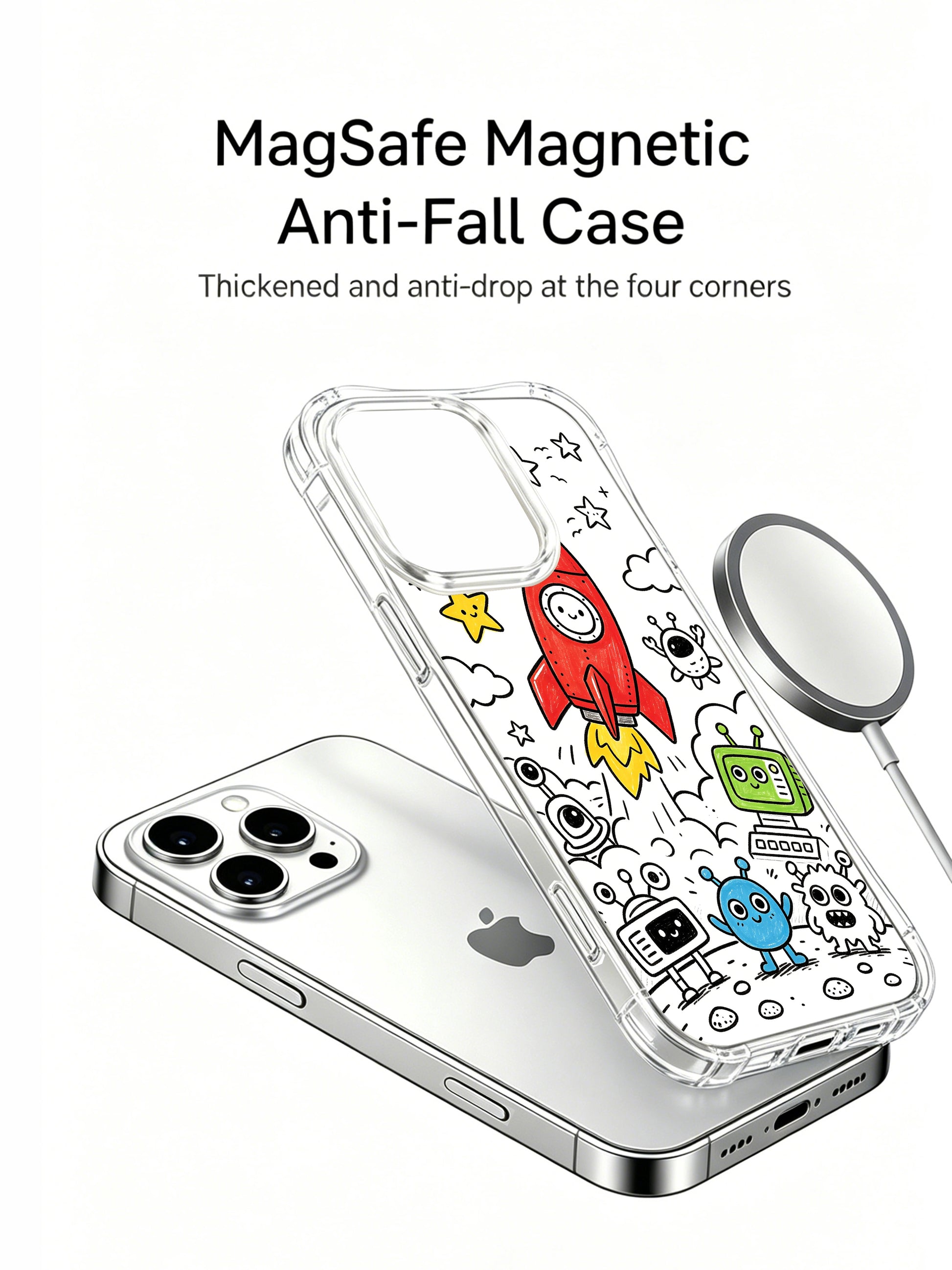 Whimsical nervous rocket & excited alien crowd print iPhone 15 pro Case, limited licensed art phone casing crafted inside PhoneCasing’s California domestic factory, lightweight wearable art phone cover.