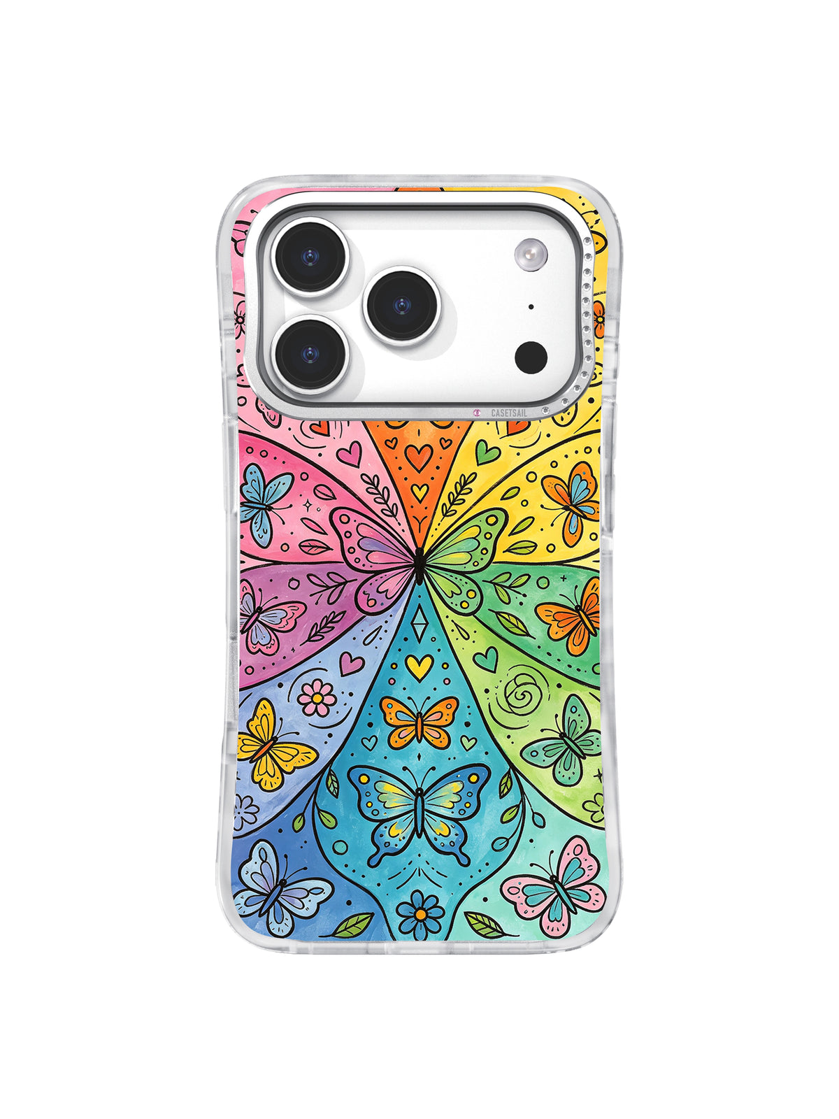 Butterfly Freedom Garden iPhone 17 Pro case close-up with rhinestone camera frame