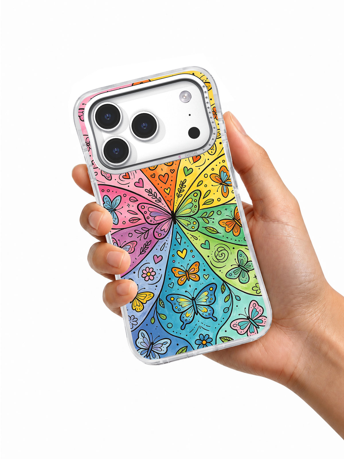 Butterfly Freedom Garden iPhone 17 Pro case held in hand