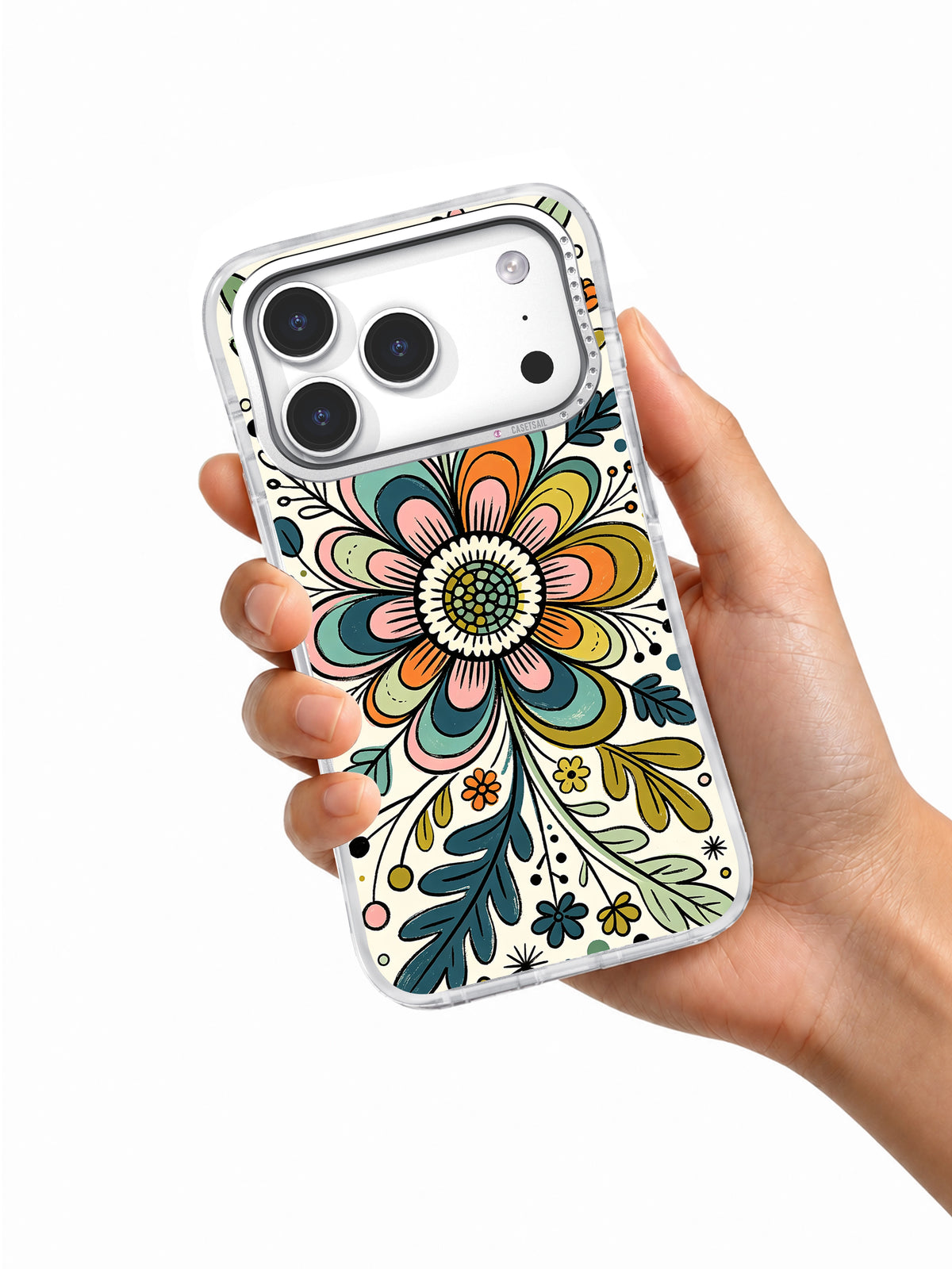 Calm Botanical Universe iPhone 17 Pro case in hand