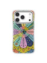 Colorful Inner Garden iPhone 17 Pro case close-up with rhinestone camera frame
