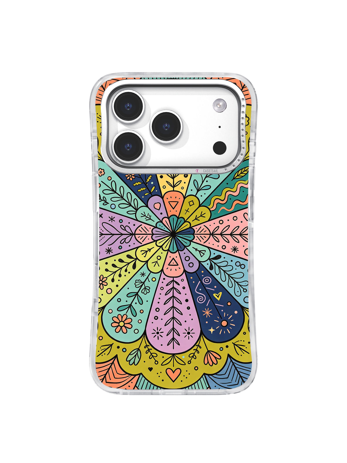Colorful Inner Garden iPhone 17 Pro case close-up with rhinestone camera frame