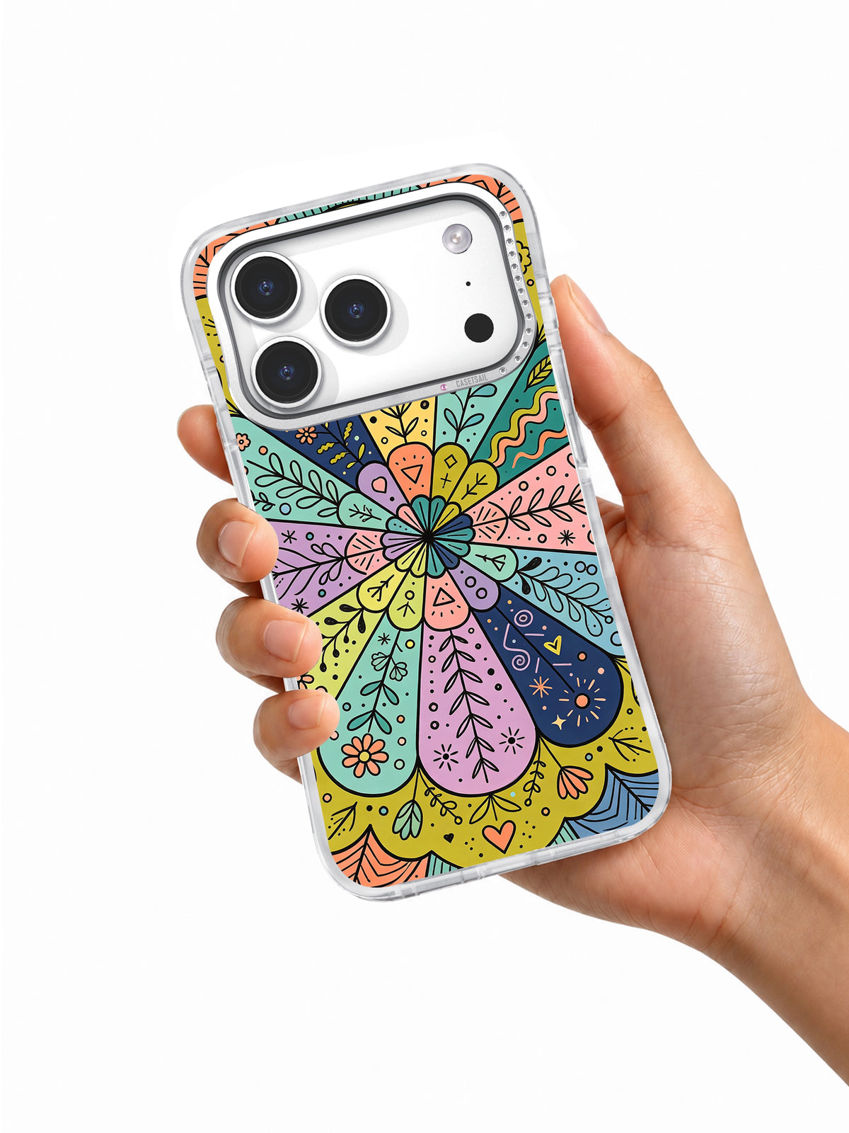 Colorful Inner Garden iPhone 17 Pro case in hand
