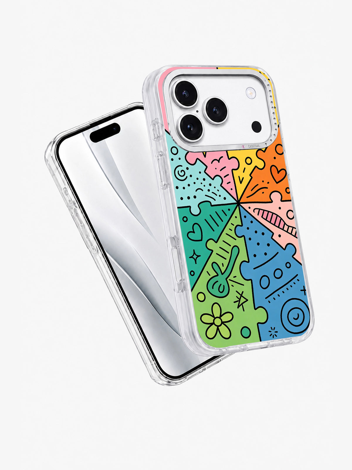 Dream Puzzle Garden colorful abstract iPhone 17 Pro case angled view