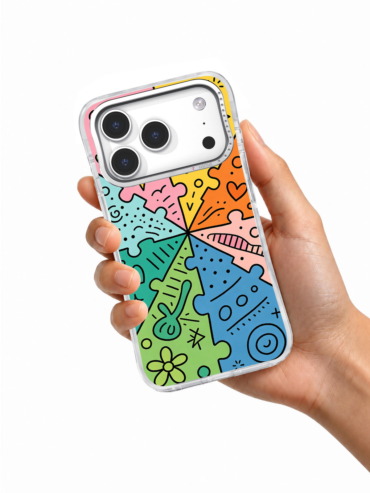 Dream Puzzle Garden iPhone 17 Pro case held in hand
