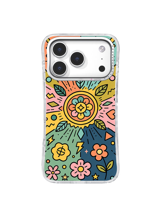 Happy Lucky Garden iPhone 17 Pro case front view with colorful folk-art flowers and rhinestone camera frame
