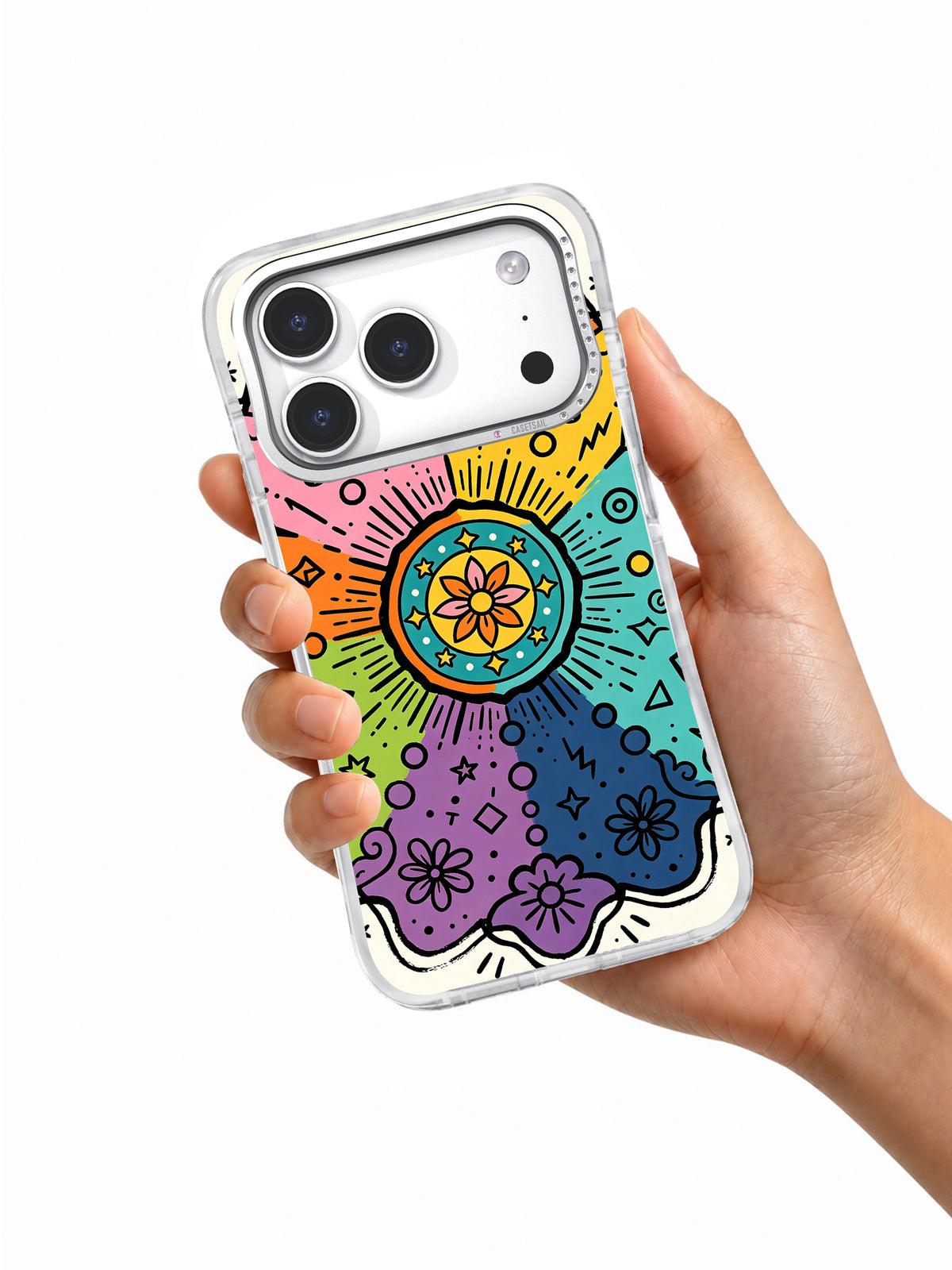 Infinite Color Mandala iPhone 17 Pro case in hand