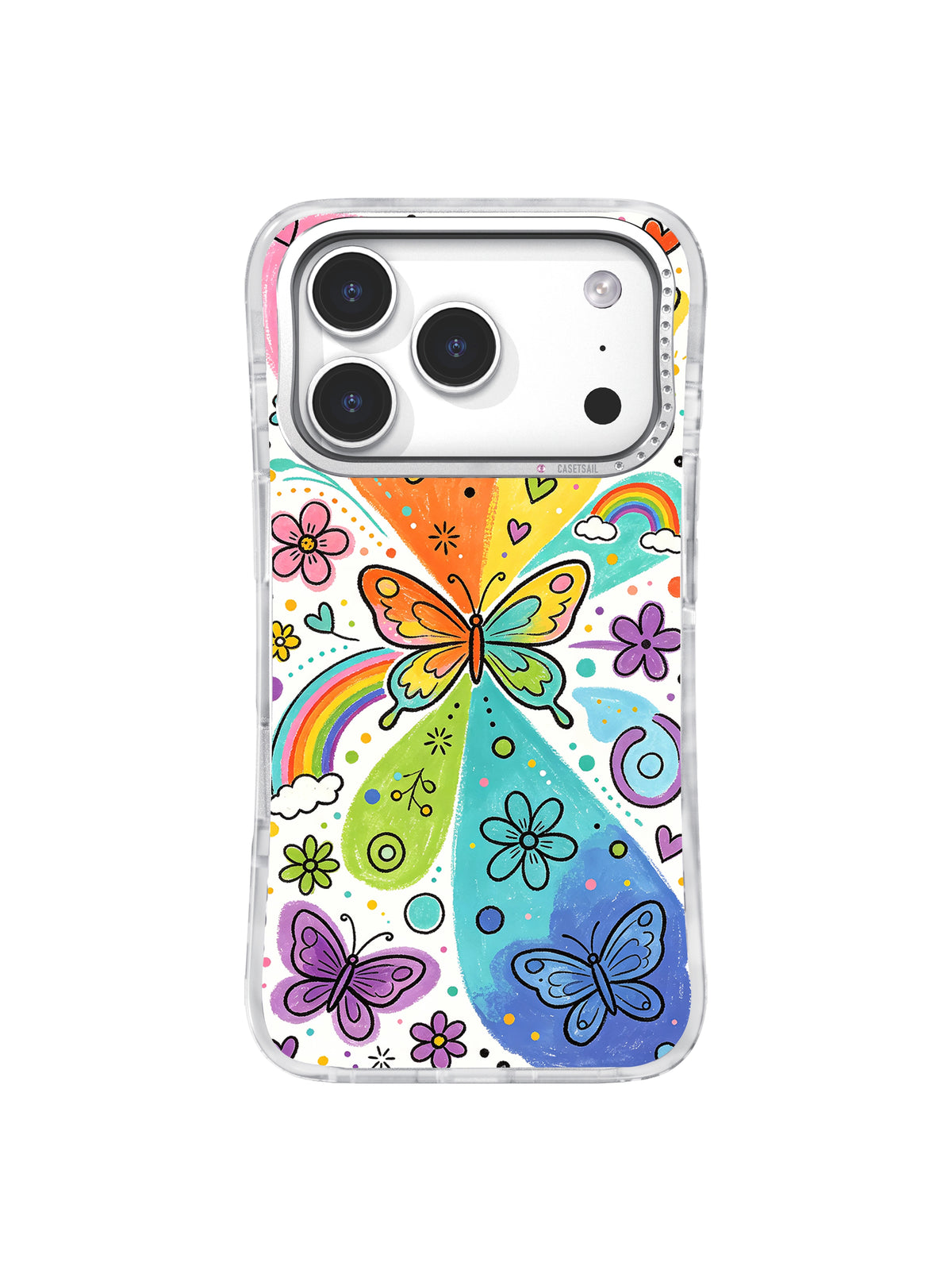 Rainbow Butterfly Dream iPhone 17 Pro case front view with colorful folk-art butterflies and rhinestone camera frame