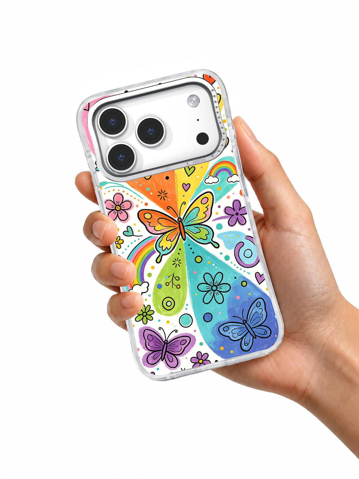 Rainbow Butterfly Dream iPhone 17 Pro case lifestyle view