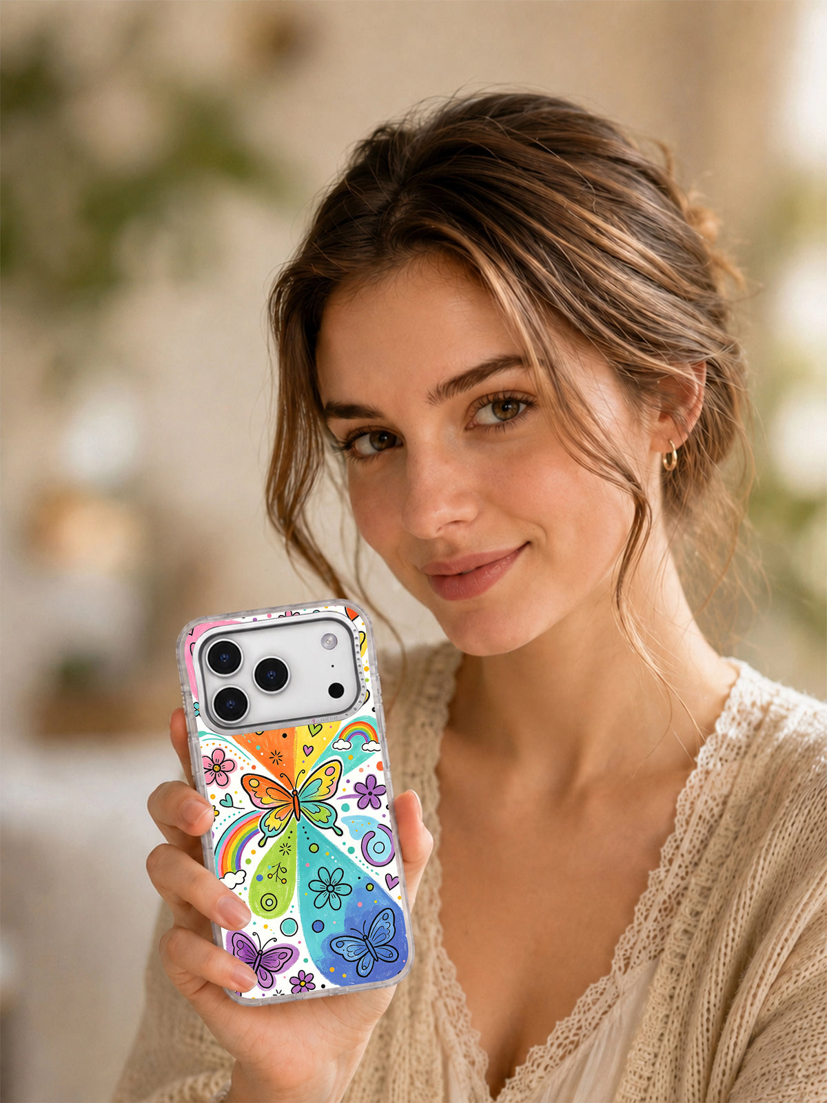 Rainbow Butterfly Dream iPhone 17 Pro case artwork presentation
