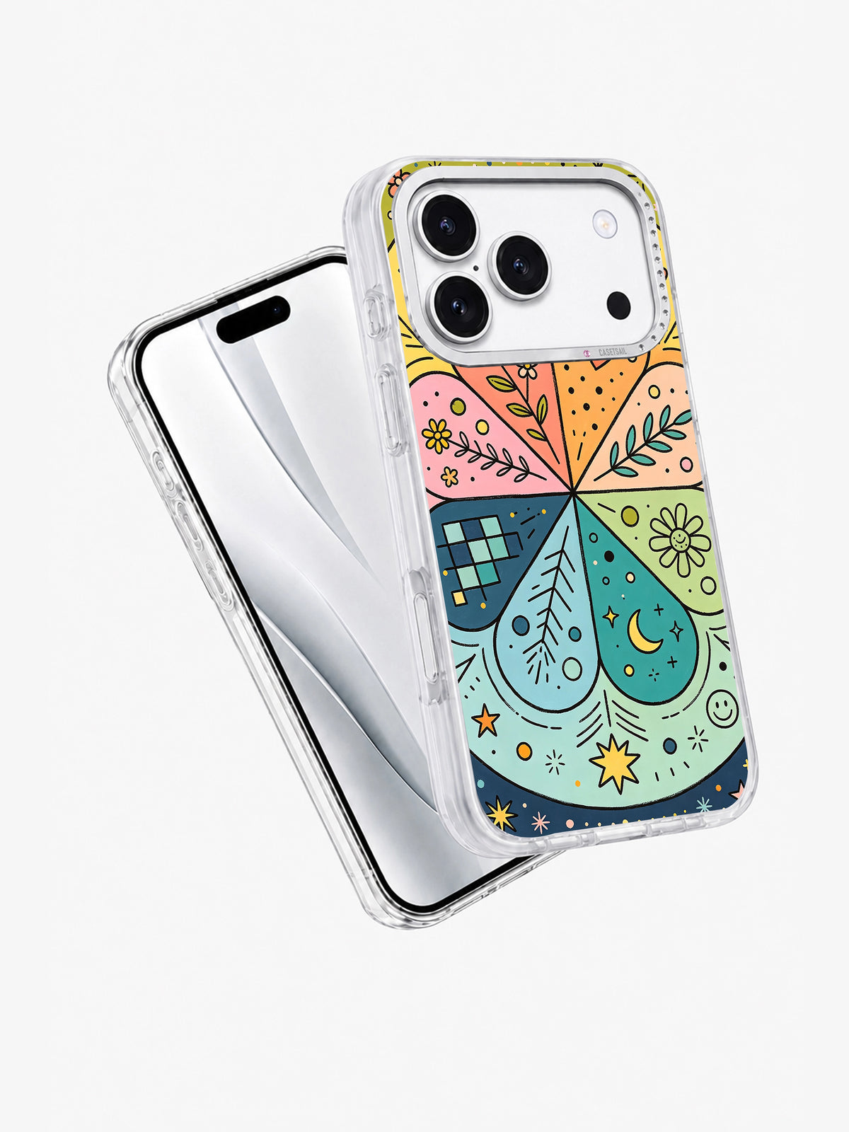 Rainbow floral art iPhone 17 Pro case angled view