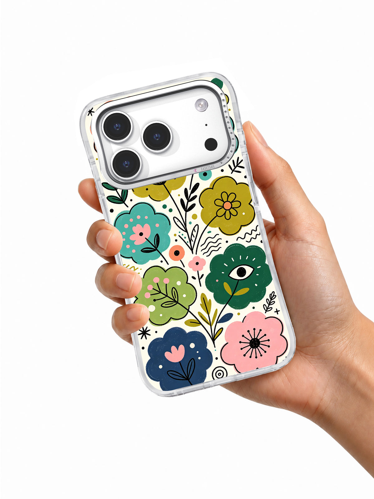Wildflower Symphony iPhone 17 Pro case held in hand