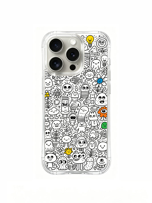 Cute monster crowd doodle art iPhone 16 pro Case from PhoneCasing, original Nico Scribble illustrated phone casing crafted and printed in California for art-loving women, limited wearable art phone cover.
