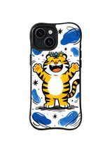 Night Bloom Tiger iPhone 13 case with smiling yellow tiger wearing a blue flower crown