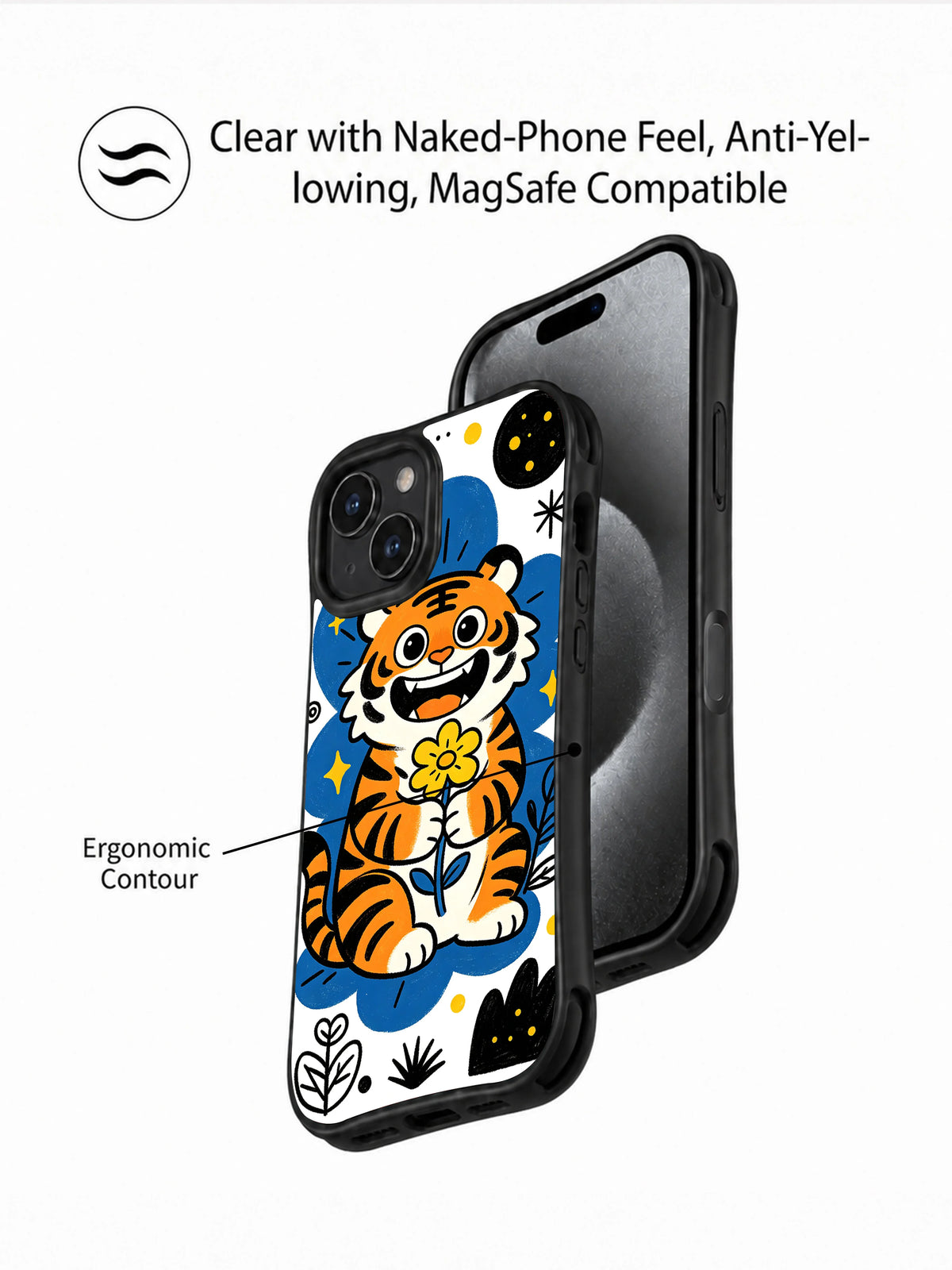 Night Bloom Tiger iPhone 13 case shown with black contour and camera opening details
