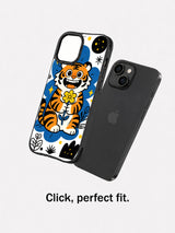 Night Bloom Tiger case shown beside a dark iPhone 13 in a fit demonstration