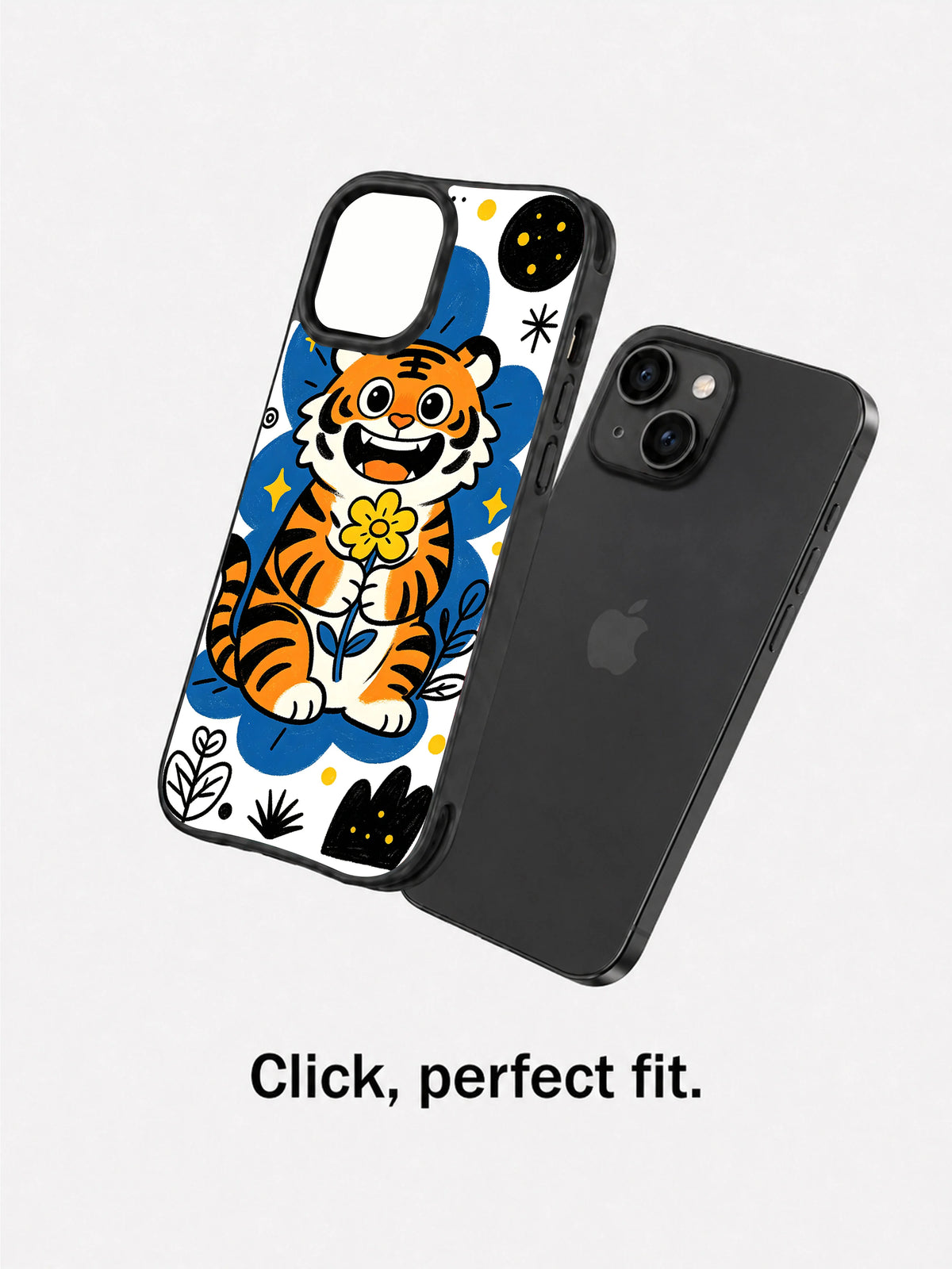 Night Bloom Tiger case shown beside a dark iPhone 13 in a fit demonstration