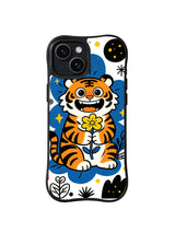 Night Bloom Tiger iPhone 13 case with orange tiger holding a yellow flower under blue and black night shapes