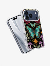Angled view of Night Butterfly Cabinet iPhone case with turquoise wings