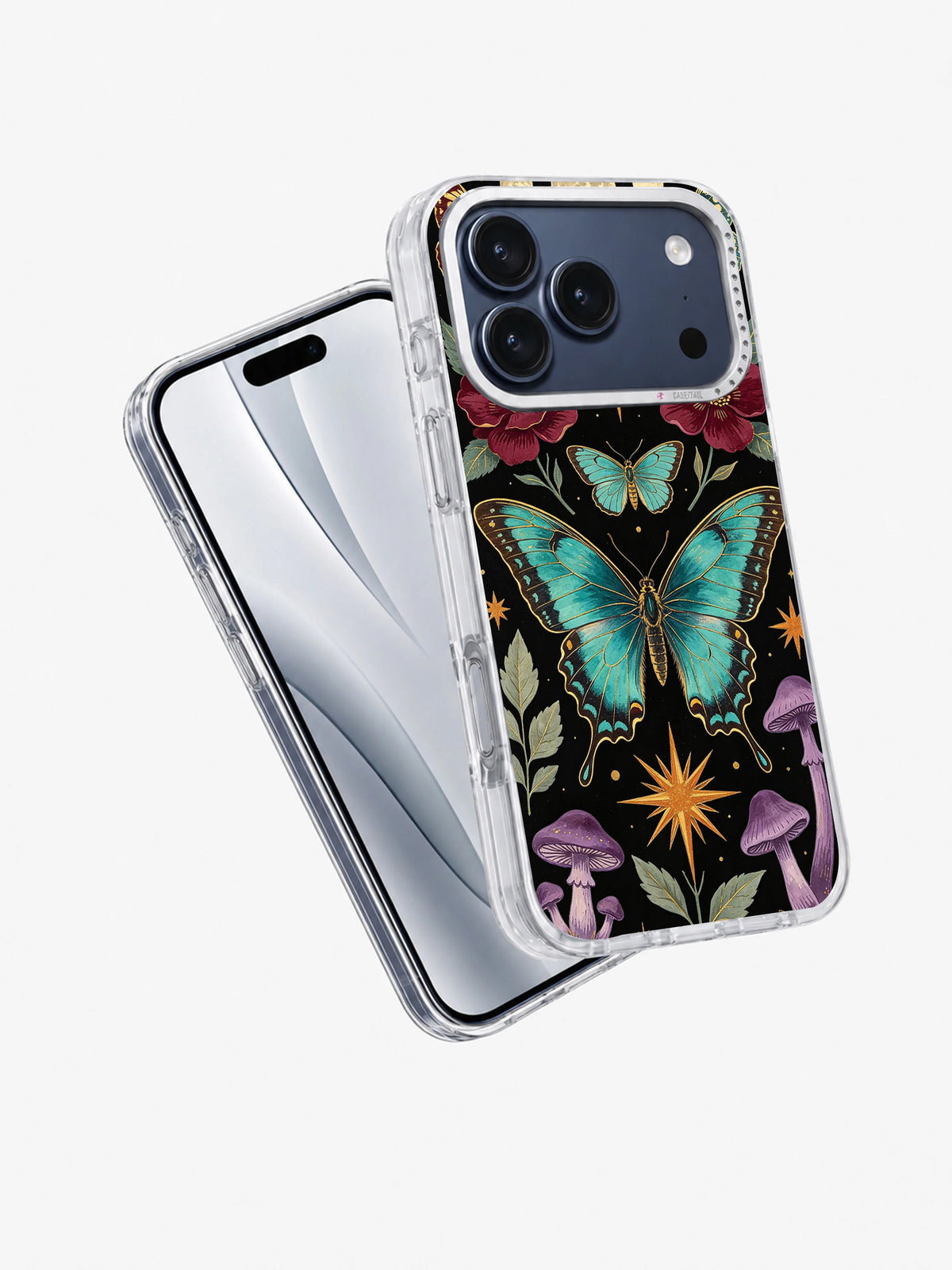 Angled view of Night Butterfly Cabinet iPhone case with turquoise wings
