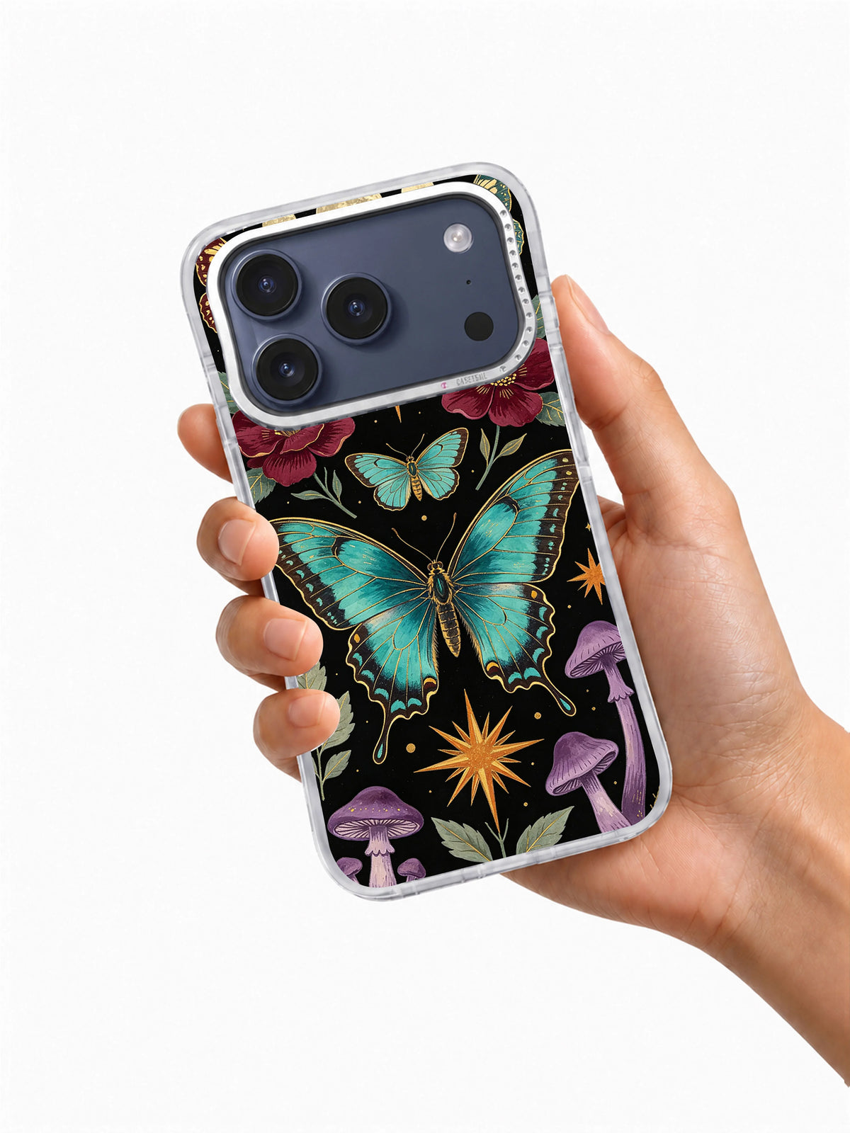 Night Butterfly Cabinet iPhone case held in hand showing turquoise butterfly art