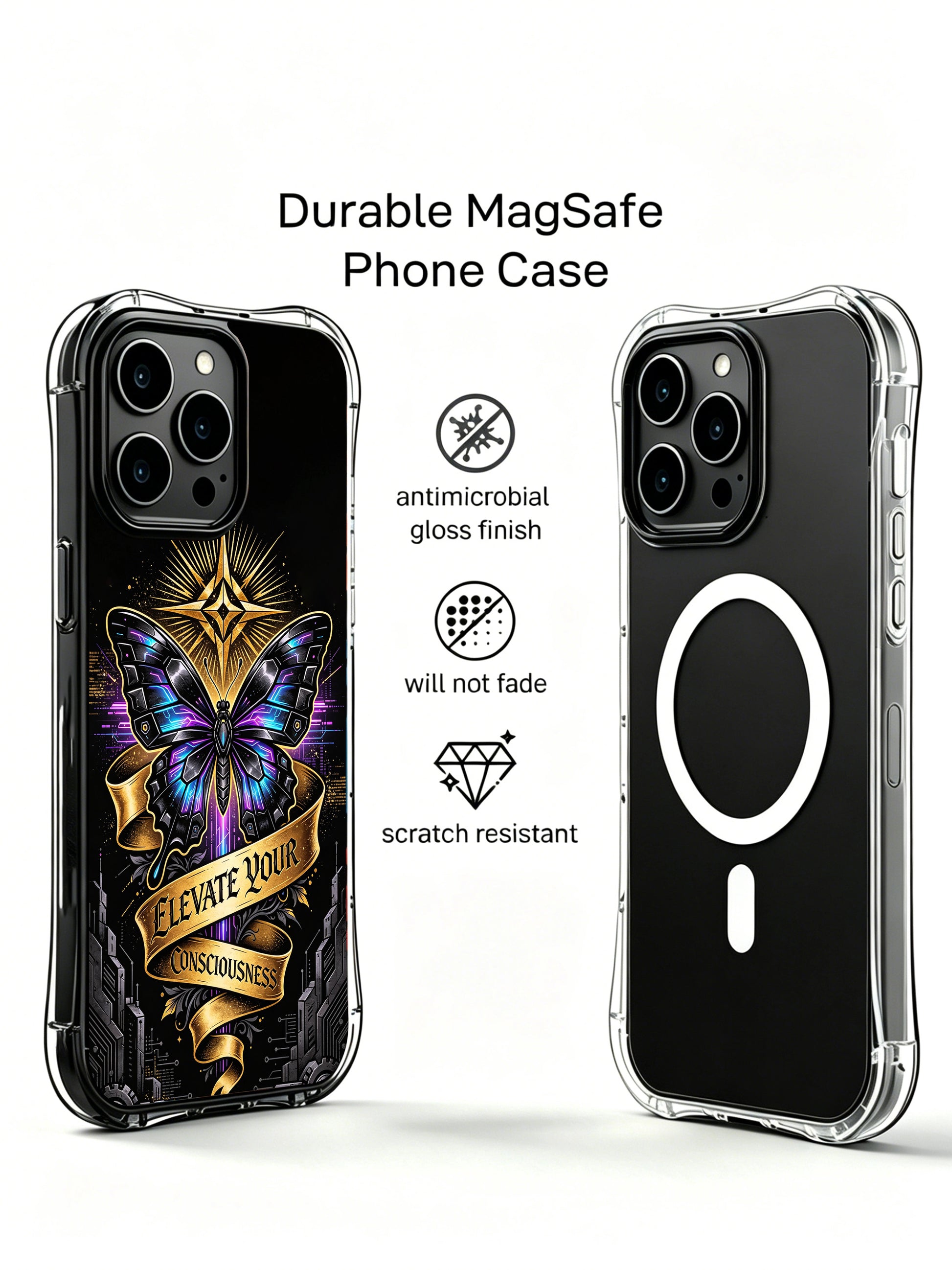 Night City neon street inspired cyber totem PhoneCasing, artistic iPhone 14 Plus Case with mechanical ruin base, scratch resistant durable iPhone 14 Plus casing.