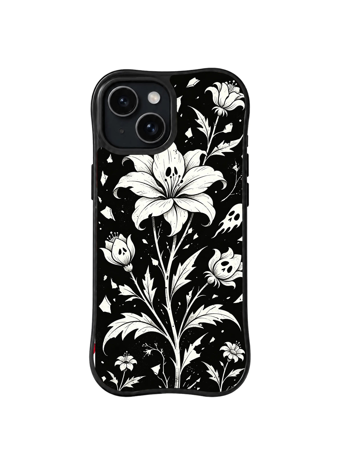 Moonlit Lily Witness monochrome flower artwork on black iPhone 15 Plus case