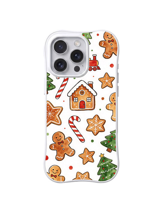 Christmas Cookie Forest: Kurabiye evleri, kahverengi yıldızlar, küçük karakterler ve yeşil ağaçlar.