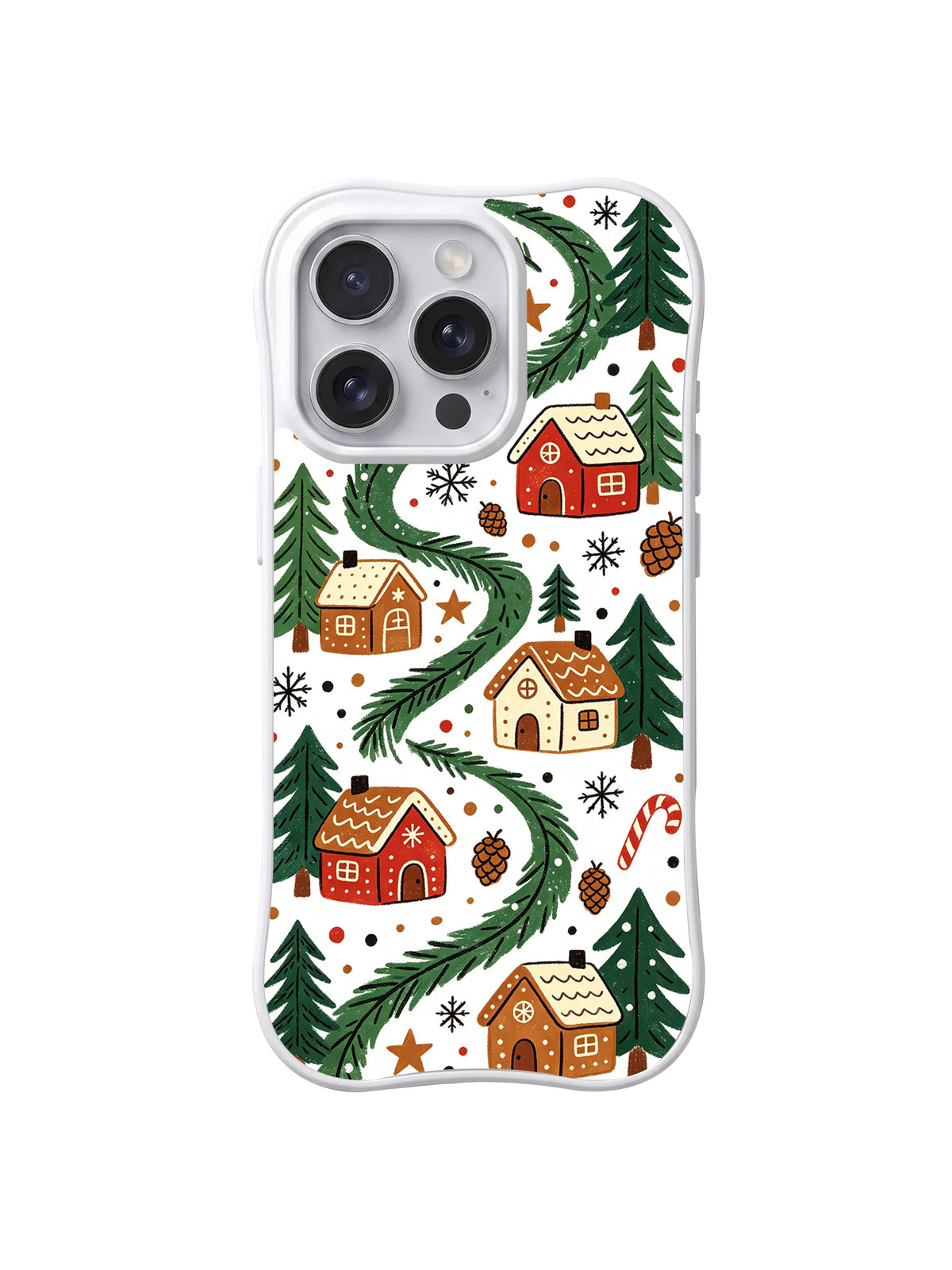 Evergreen Cookie Garden / Snowy Evergreen Village: Uzun kıvrılan yeşil hat boyunca küçük evler, ağaçlar ve kozalaklar.