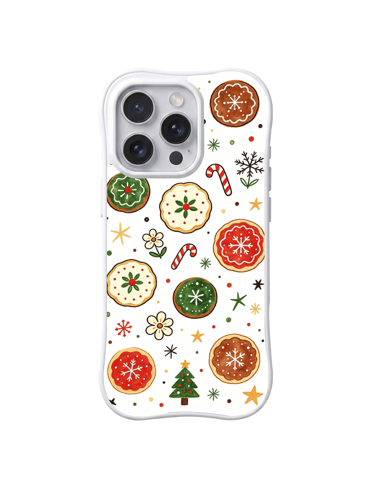 Snowy Christmas Cookie Meadow: Snowflake lines on red, green, cream and brown round cookies.
