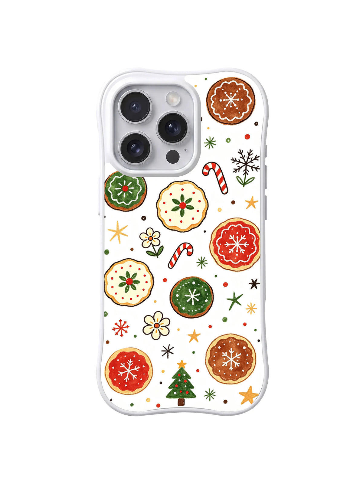 Snowy Christmas Cookie Meadow / Iced Cookie Snowfield: Snowflake lines on red, green, cream and brown round cookies.
