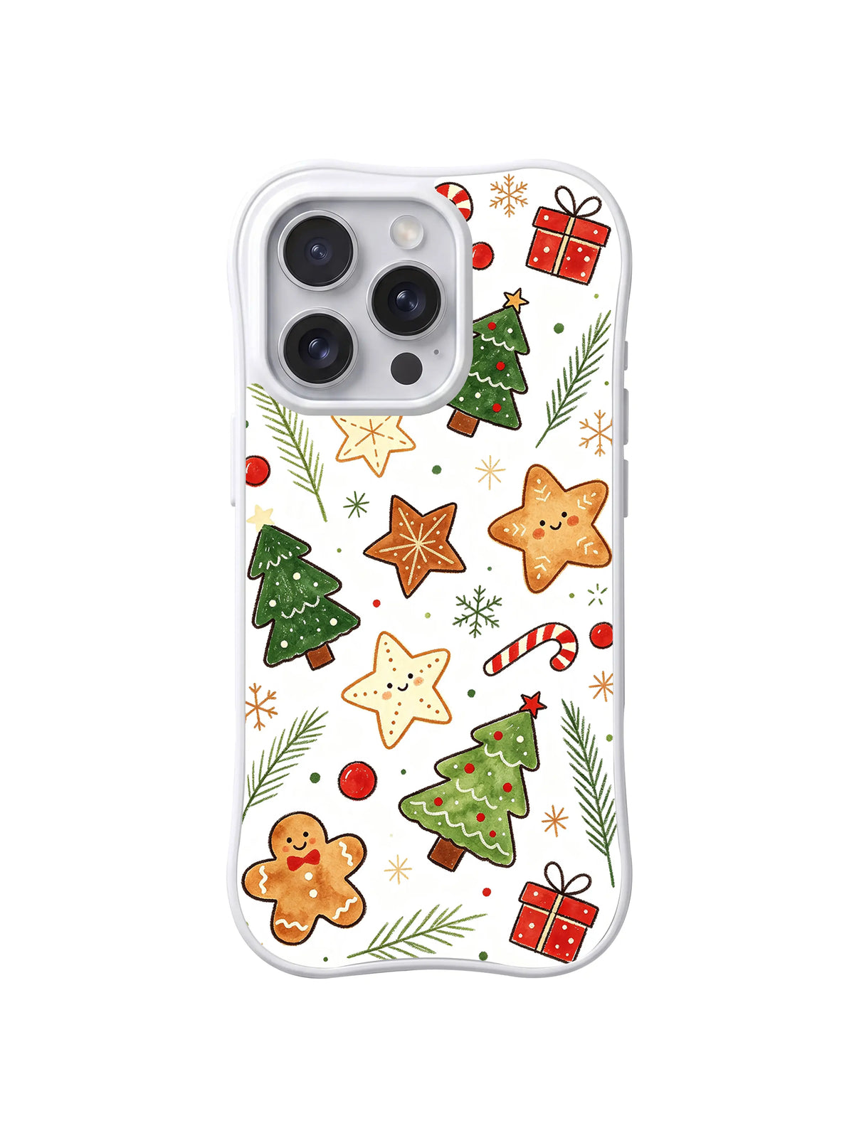 Snowy Christmas Cookie Meadow / Tree Star Cookie Meadow: Trees, large star cookies, red gifts and fine sprigs.