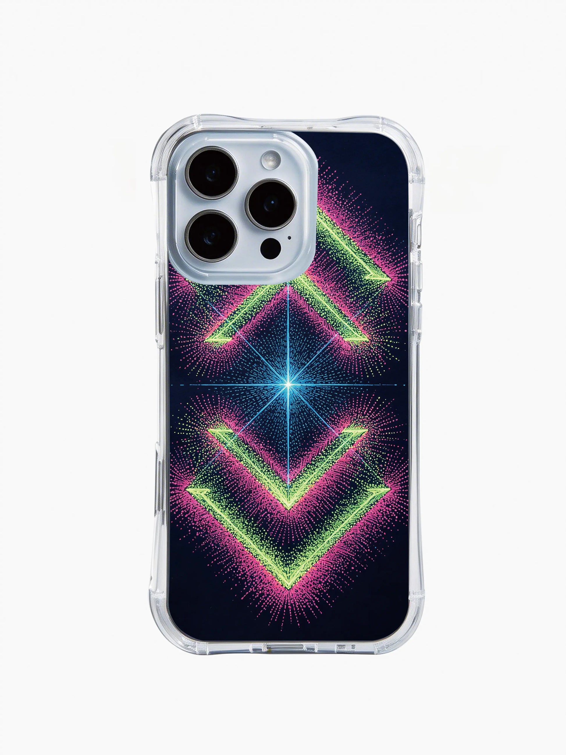  PhoneCasing iPhone 14 Pro Max Case with a noir neon geometric pattern, shockproof transparent case with glowing tribal accents.