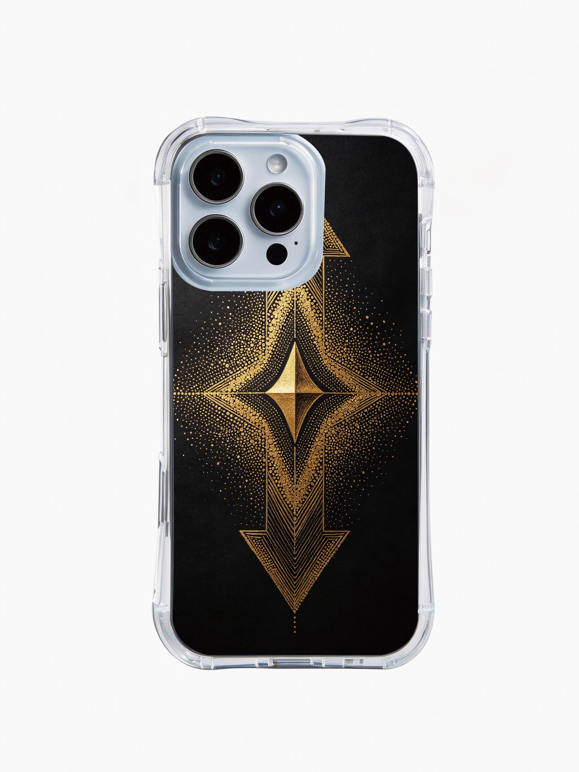 PhoneCasing iPhone 14 Pro Max Case with noir prism-inspired geometric design, shockproof transparent case with metallic gold accents.