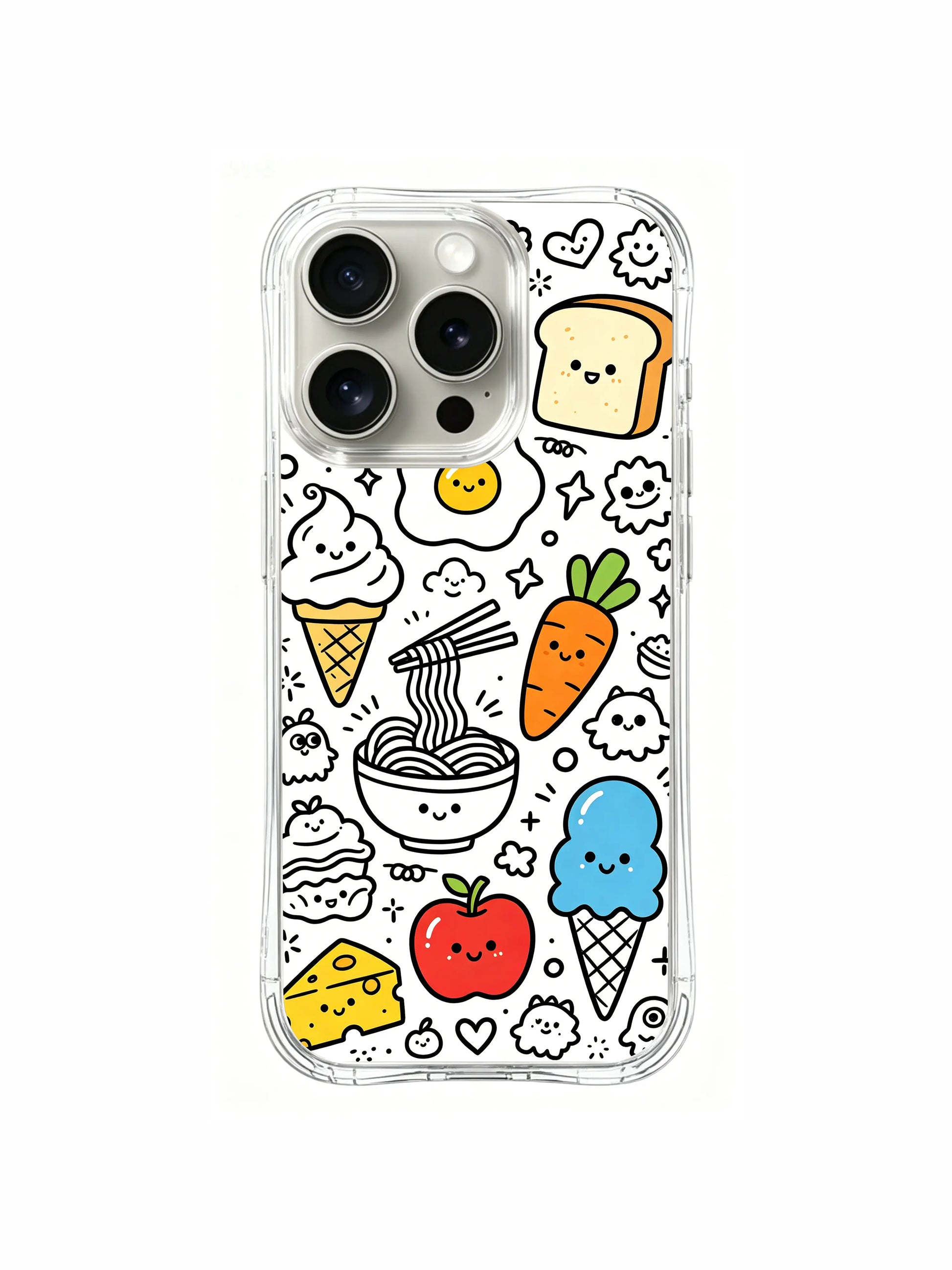 Mixed noodle, apple and veggie cartoon bunch iPhone 15 pro Case, customizable detail phone casing, trendy daily-use phone cover supplied by PhoneCasing.