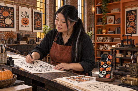 AI studio visualization of Nora Vesper creating phone-case artwork, with a finished case on a stand