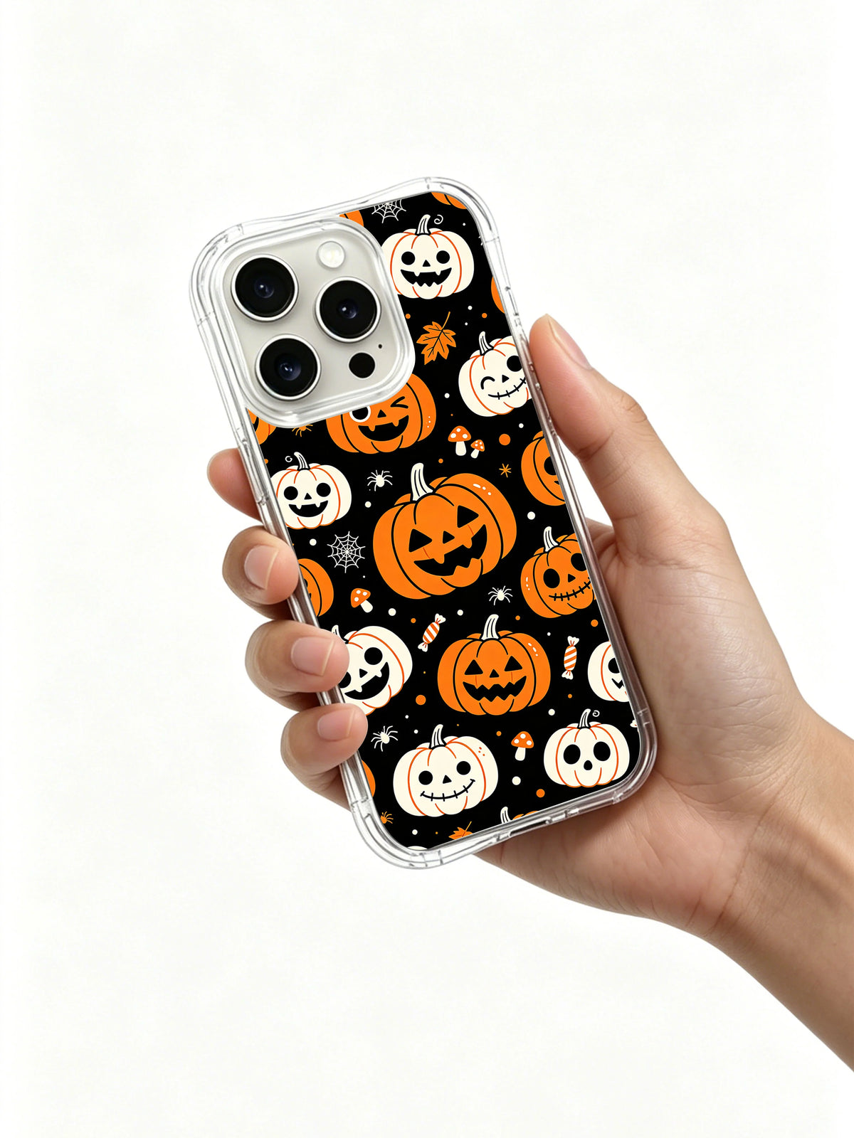 Spiderweb Pumpkin Picnic iPhone case in hand