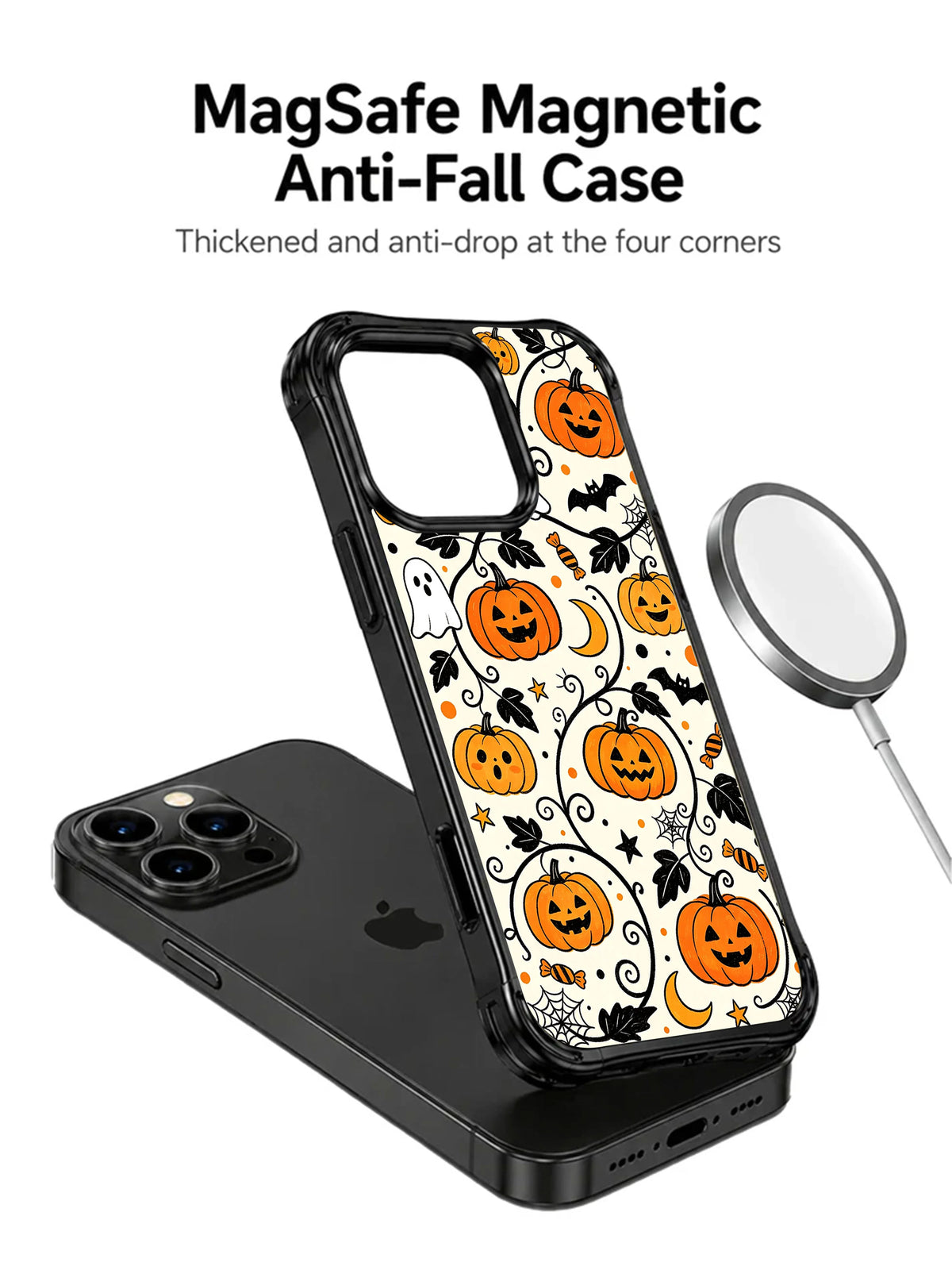 Spooky Pumpkin Friends: dairesel şarj aksesuarının yanında telefondan ayrı gösterilen kılıf.