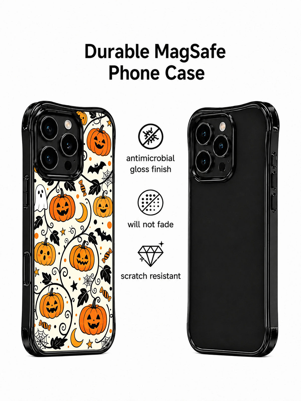Spooky Pumpkin Friends: özellik açıklamalarının yer aldığı düzen içinde kılıfın ön ve iç yüz görünümleri.