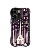 North Star Pine Chapel pattern on a black iPhone 13 Pro case with a tall spire cottage, fir trees, snow crystals and round stars