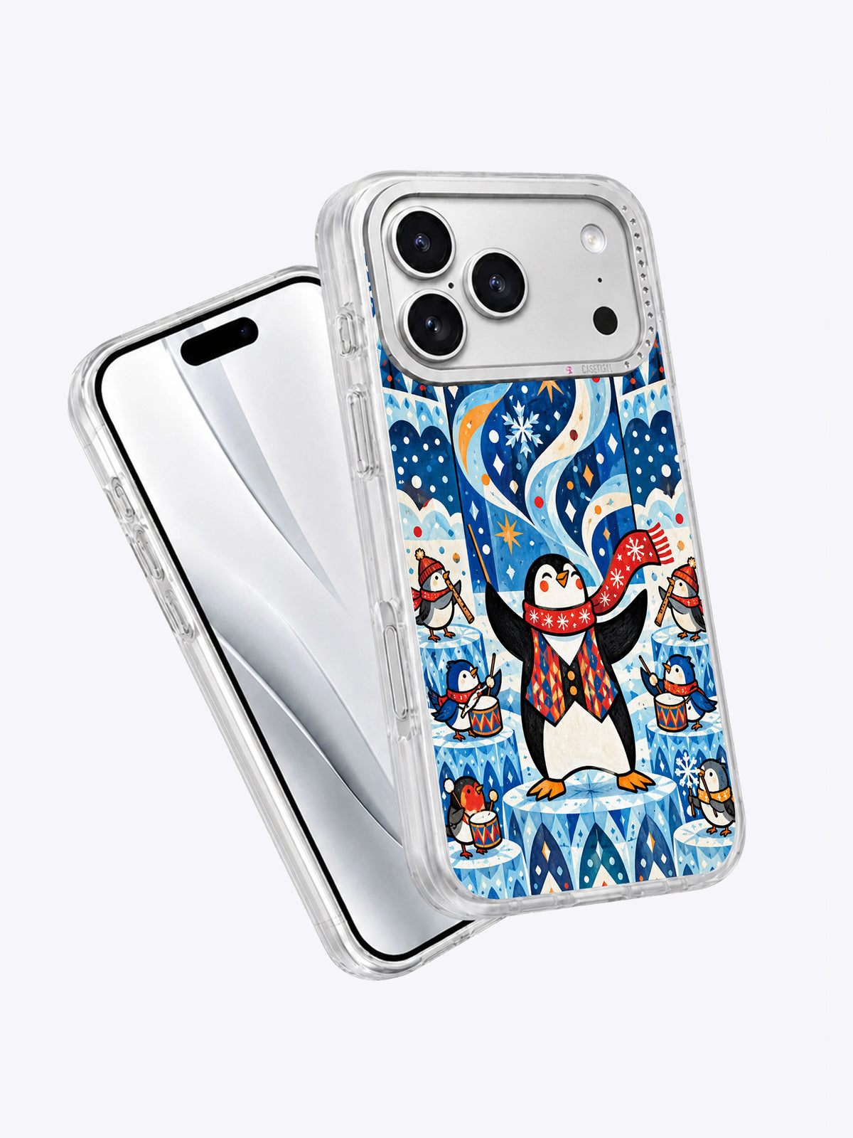 Angled front view of North Wind Penguin Conductor iPhone 17 Pro Max case presentation